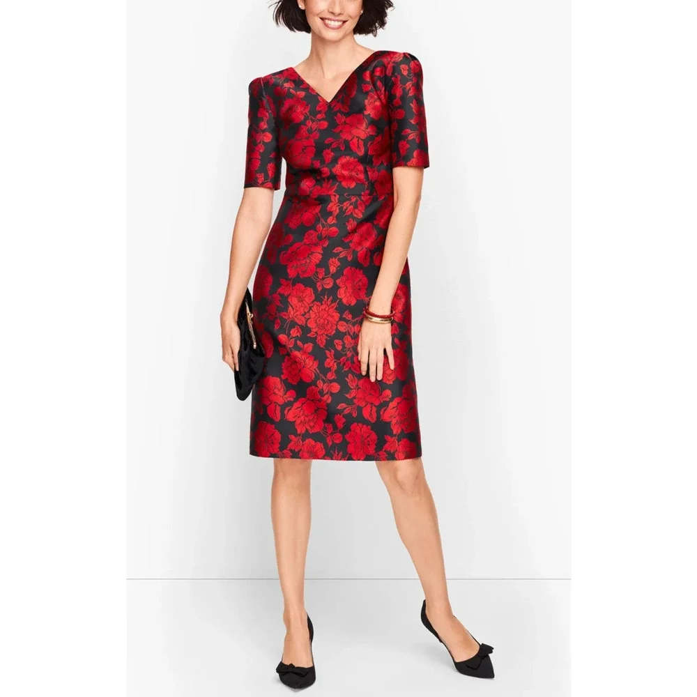 NWT Talbots Back Bow Floral Jacquard A-Line Dress Red Black Lined Zip Size 14 - Picture 16 of 16